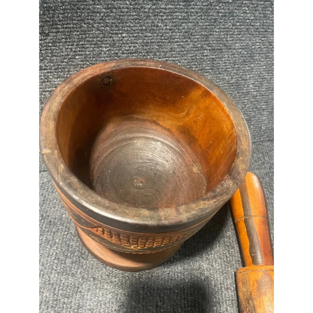 Hand Carved Wooden Mortar and Pestle Set Floral Design Rustic Brown Kitchen Tool
